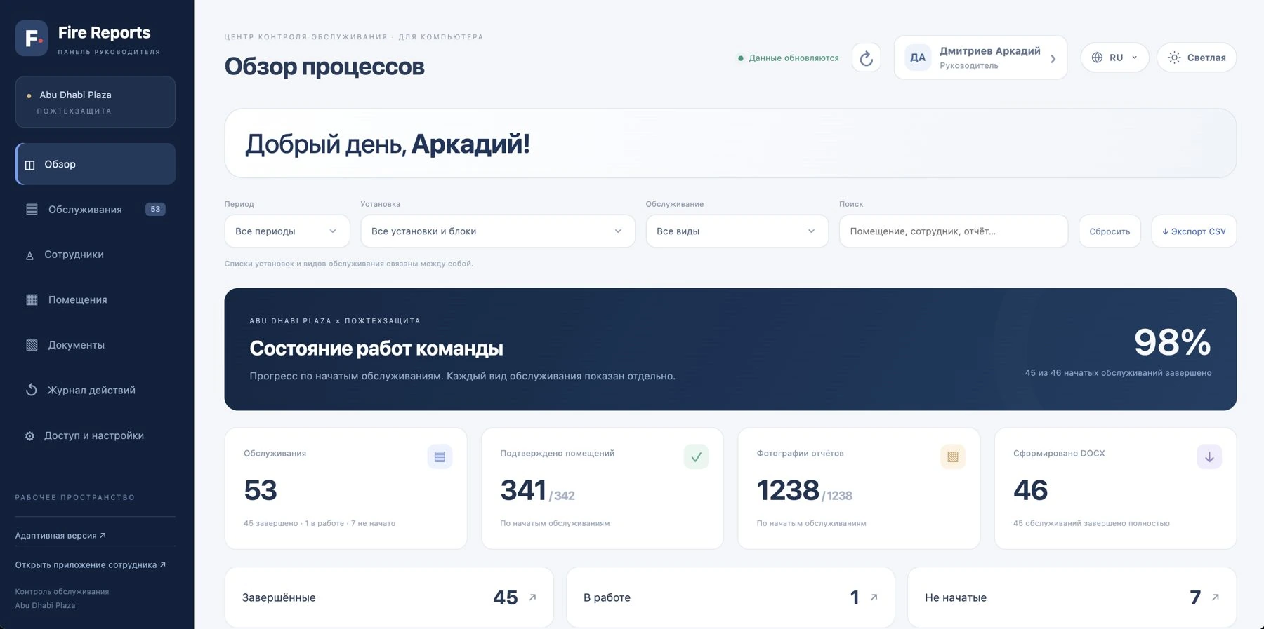 Панель Fire Reports: статусы обслуживаний, поиск по помещениям и готовые документы